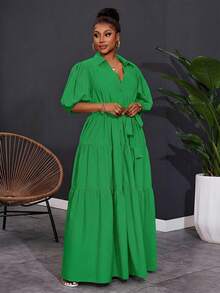SHEIN CURVE+ 2025 新款加大码女式纯色短袖春季 A 字褶皱拼接长款连衣裙，Curve Plus 品牌，Hoho Vacation 品牌 - 綠色 - 查看 5