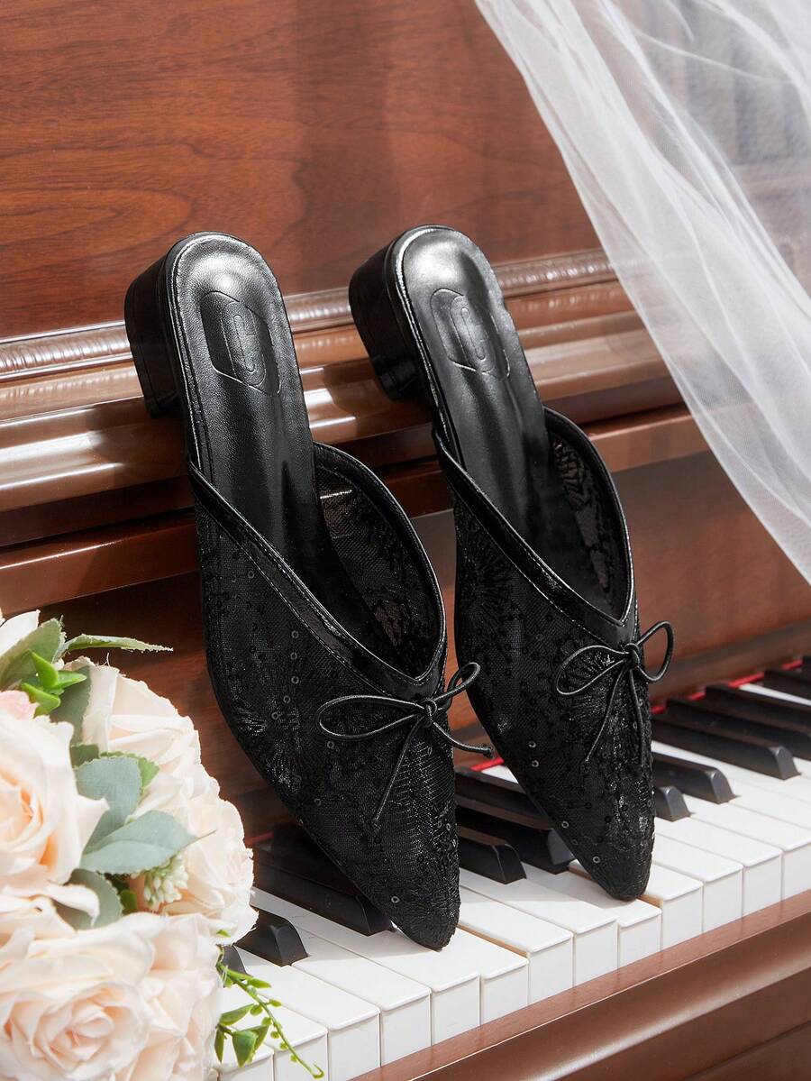 CUCCOO HITCHD 新款网眼蝴蝶结粗跟女式高跟鞋 - 黑色 - 查看 1