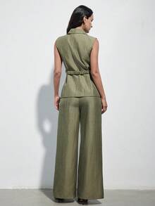 Aveloria Modichic New Arrival Modern Elegant Professional Stylish Design Casual Sleeveless Blazer & Straight Leg Pants Suit Set - Army Green - View 2