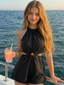 Teen Girls' Backless Halter Romper For Summer Beach Vacation, Hawaii Beach Holiday - Black - View 2