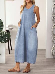 EMERY ROSE Plus Size Sleeveless Casual Denim Dress - Light Wash - View 5