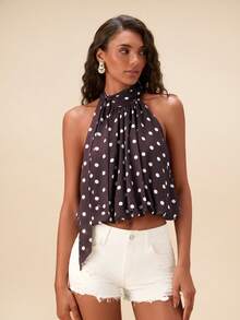 Travachic 女士优雅波点印花系领衬衫 - 棕色 - 查看 7