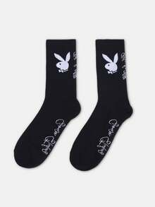 PLAYBOY X SUMWON 男士黑色船袜，白色兔子图案印花，休闲日常穿着，中筒袜 - 黑色 - 查看 2