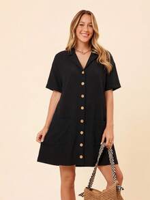 Coeurva 棉质女士春夏沙滩度假优雅正式连衣裙，女士春夏沙滩度假优雅正式碎花连衣裙，夏季女士长裙，女士休闲优雅浪漫舒适宽松黑色连衣裙，春夏，黑色连衣裙，女士直筒连衣裙，度假连衣裙，纽扣连衣裙，休闲连衣裙 - 黑色 - 查看 14