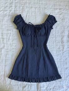 Elamini Women's Summer Casual Navy Blue Striped Fitted Low-Cut Ruffle Hem Mini Bodycon Dress - Navy Blue - View 1