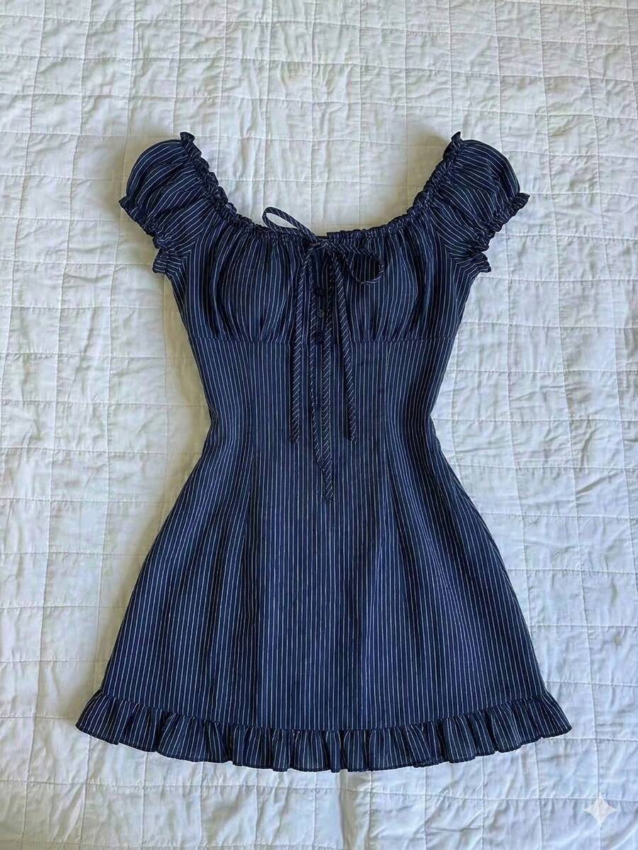 Elamini Women's Summer Casual Navy Blue Striped Fitted Low-Cut Ruffle Hem Mini Bodycon Dress - Navy Blue - View 1