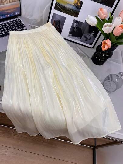 GlowEve 杏色亮面褶皱面料高腰A字裙，优雅迷人，适合情人节、复活节、劳动节、生日、约会、派对、正式场合、教师装、旅行以及春夏穿着。