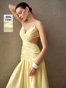 MOTF PREMIUM SUMMER BACKLESS RUCHED CAMISOLE DRESS, FRENCH ELEGANT WAIST-CINCHING SEXY SLIMMING LONG DRESS FOR WOMEN - Yellow - View 1