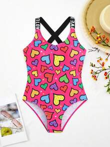 SHEIN GraphicGems New Fashion Heart Print One-Piece Swimsuit For Young Girls - Multicolor - View 4