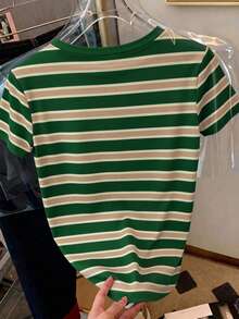 Resyla 女士圆领条纹龙虾刺绣休闲百搭日常短袖T恤 - 彩色 - 查看 2