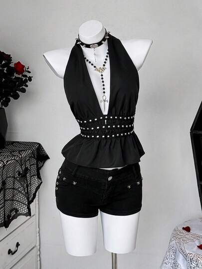 Sunspun 大码女式露背系带铆钉装饰褶皱性感百搭上衣