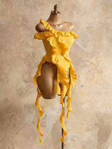 Mistrie 全新设计，荷叶边和不规则缎带领口 - 黃色 - 查看 5