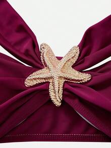 Swim Oasis 女士夏季沙滩纯色金属装饰时尚比基尼三角裤泳衣套装带裙子 - 酒紅色 - 查看 10