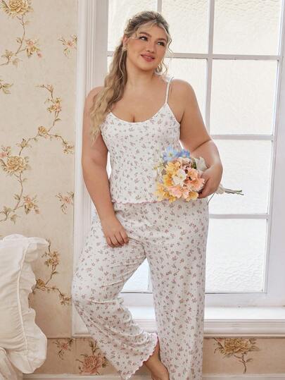 SHEIN 2pcs Plus Size Romantic Ditsy Floral Knit Camisole And Pants Pajama Set