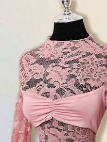 SHEIN ICON 女士花卉蕾丝荷叶边性感迷你连衣裙 - 粉色 - 查看 4