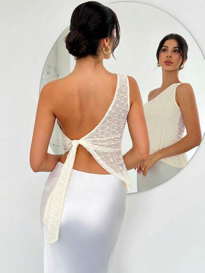 Firerie Áo kiểu nữ thanh lịch, lãng mạn, thích hợp mặc hàng ngày đi biển, đi nghỉ mát, ôm dáng, màu mơ, chất liệu vải dệt họa tiết tua rua, một vai, hở lưng, dây buộc, vạt áo bất đối xứng, trang phục đi biển, áo tank top đi biển.