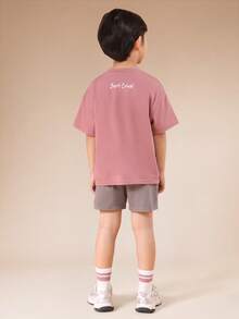 SUMWON Boys Oversized Pink Surf Crew Graphic T-Shirt And Grey Shorts Summer Co-Ord Set With Mixed Text Print - Multicolor - View 2