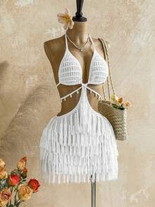 Soleia Đầm nữ màu mơ kiểu dáng thường ngày, khoét rỗng, thắt dây bện, viền tua rua, cổ yếm, thích hợp cho đi biển, du thuyền, du lịch đường bộ, kỳ nghỉ, tiệc trà chiều, lễ hội âm nhạc, phong cách boho, mùa hè, đi làm hàng ngày. - trắng - Xem 1