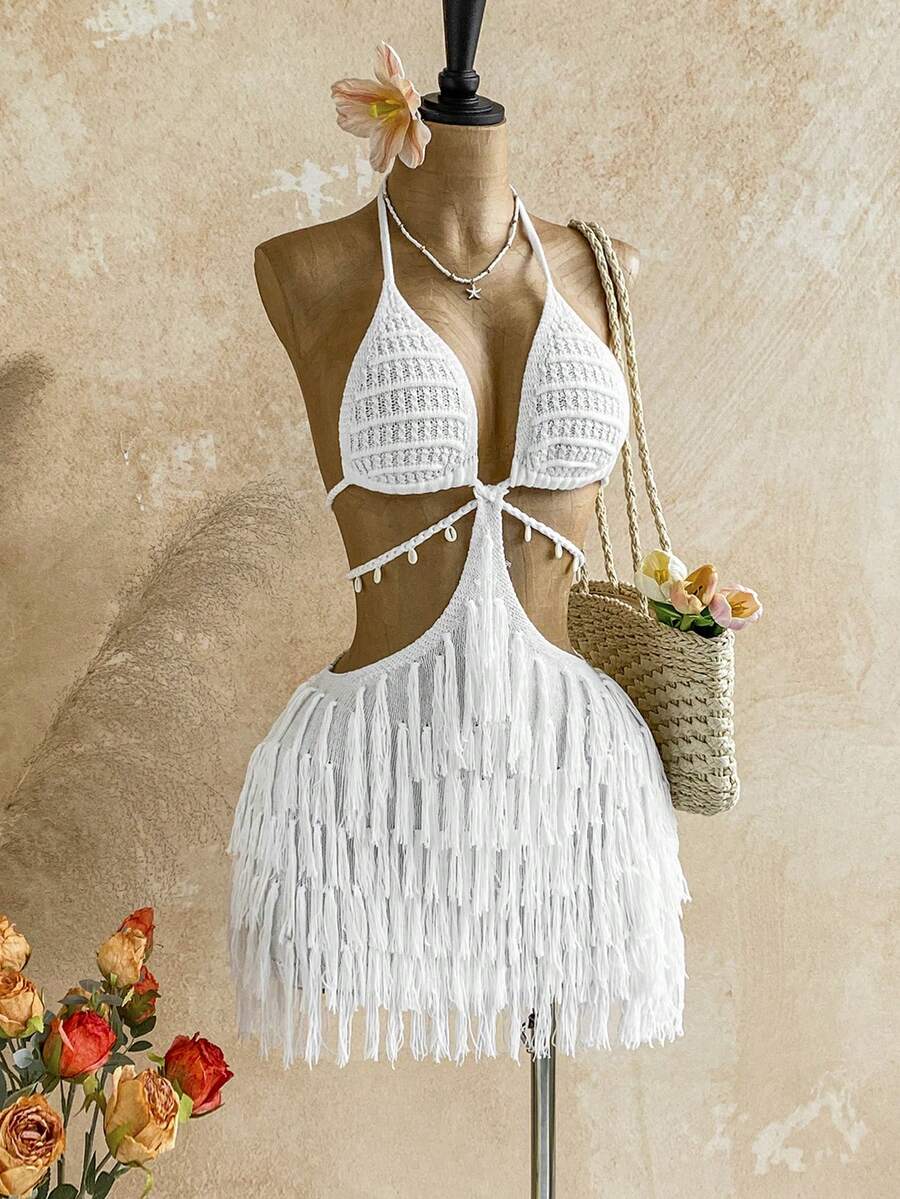 Soleia Đầm nữ màu mơ kiểu dáng thường ngày, khoét rỗng, thắt dây bện, viền tua rua, cổ yếm, thích hợp cho đi biển, du thuyền, du lịch đường bộ, kỳ nghỉ, tiệc trà chiều, lễ hội âm nhạc, phong cách boho, mùa hè, đi làm hàng ngày. - trắng - Xem 1