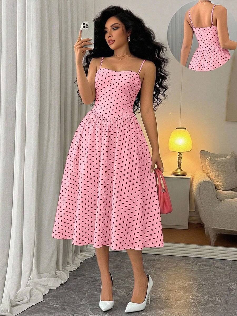 Rafferiza Fashionable Versatile Date Party Spaghetti Strap Waist Flared Pink Dress For Women, Autumn/Winter - Pink - View 1