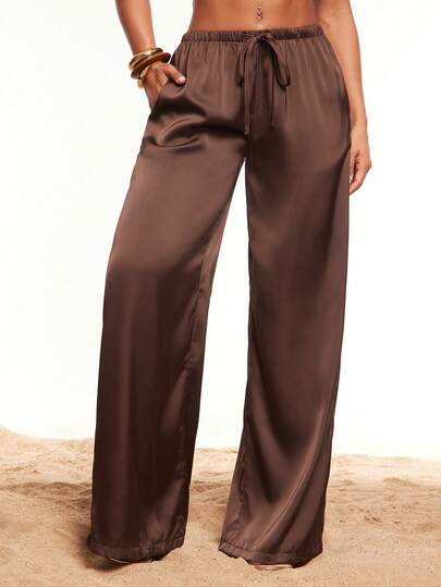 Radiana Women's Casual Soft Satin Low-Waist Wide Leg Pants, Loose Fit Trousers, Suitable For Daily Casual Wear, Urban, Commute, Office, Holiday, Beach