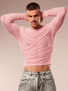 FeverCity Camiseta ajustada de malla transparente y fruncida para hombre - Rosa - Ver 5