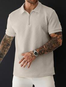Manfinity Homme 男士純色落肩短袖半拉鍊休閒夏季 Polo 衫，正式款 - 卡其色 - 查看 5