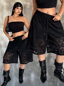 Sunspun Pantalones cortos holgados de encaje deportivos y casuales de talla grande, primavera/verano - Negro - Ver 3