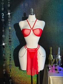 MidnightGlam 3pcs Women's Solid Color Sheer Mesh Backless Tie-Front Sexy Lingerie Set - Red - View 6