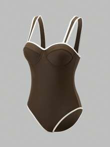 Swim Oasis Women's Brown Summer Elegant Vacation Holiday Contrast Trim Padded Push-Up One-Piece Swimsuit & Printed Tankini Set With Cover-Up Skirt Beach Outfits - Brown - View 10