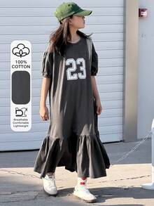 DAZY 少女数字印花圆领短泡泡袖荷叶边下摆连衣裙 - 灰色 - 查看 1