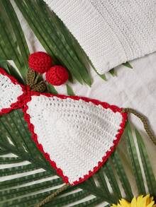 SHEIN SunnyBelle Women's Sweet Casual Vacation Countryside Style 3D Cherry Halter Top And Low-Waist Shorts 2 Pieces Set, Spring/Summer - Multicolor - View 5