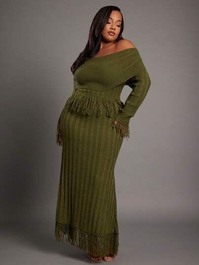 NYA SZN Dress Plus Curve Knit Fringe Bold Sexy Classy Modest Statement Brunch Special Occasion Cool Girl Y2K Vintage Look Valentines Day Spring Summer Suitable For Commuting Green Oufits For Women