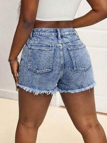 Slaydiva 女士高腰带口袋破洞毛边休闲百搭牛仔短裤 - 藍色 - 查看 2