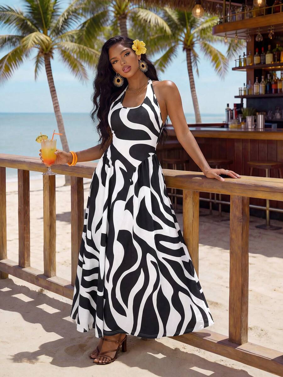 SHEIN Lady 女士时尚全印花露背吊带连衣裙，夏季 - 黑與白 - 查看 1