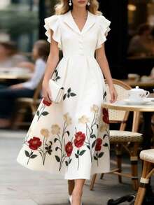 GlowEve 女士杏色花卉印花领珍珠纽扣腰部A字喇叭袖设计，魅力优雅甜美可爱，适合日常度假通勤时尚约会法式街头复古百搭春夏杏色新款喇叭袖中长连衣裙 - 彩色 - 查看 1