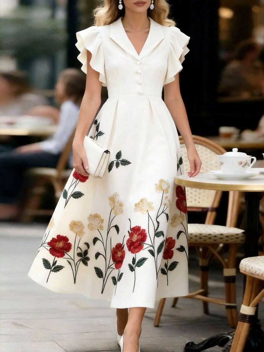 GlowEve 女士杏色花卉印花领珍珠纽扣腰部A字喇叭袖设计，魅力优雅甜美可爱，适合日常度假通勤时尚约会法式街头复古百搭春夏杏色新款喇叭袖中长连衣裙 - 彩色 - 查看 1