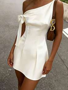 Olithes Women's Ruffle Asymmetrical Shoulder A-Line Mini Dress, Waist Cinched, Sexy French Fashion - Beige - View 1