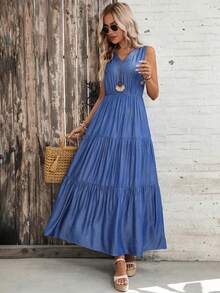 EMERY ROSE 女士纯色褶皱V领优雅收腰连衣裙，适合派对穿着 - 藍色 - 查看 8