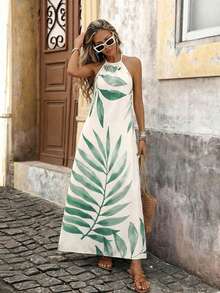 Brillora Women's White Floral Leaf Print Summer Boho Maxi Slip Dress,Casual Vacation Holiday Beach Outfit,Resort Wear Palm Print Long Dress For Woman - Apricot - View 10