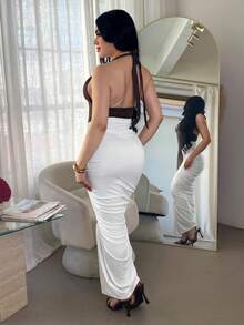 SHEIN SXY 女士深V领褶皱撞色拼接紧身吊带连衣裙 - 彩色 - 查看 3
