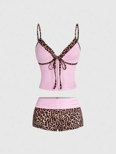 ROMWE Y2K性感豹纹拼接撞色吊带背心和低腰紧身腰带撞色设计超低腰短裤女装两件套