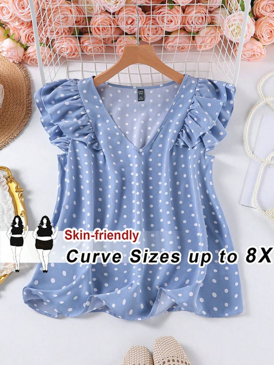 SHEIN CURVE+ Plus Size Women's Casual Polka Dot Print Ruffle V-Neck Blouse, Summer, Summer Tops - Blue - View 1
