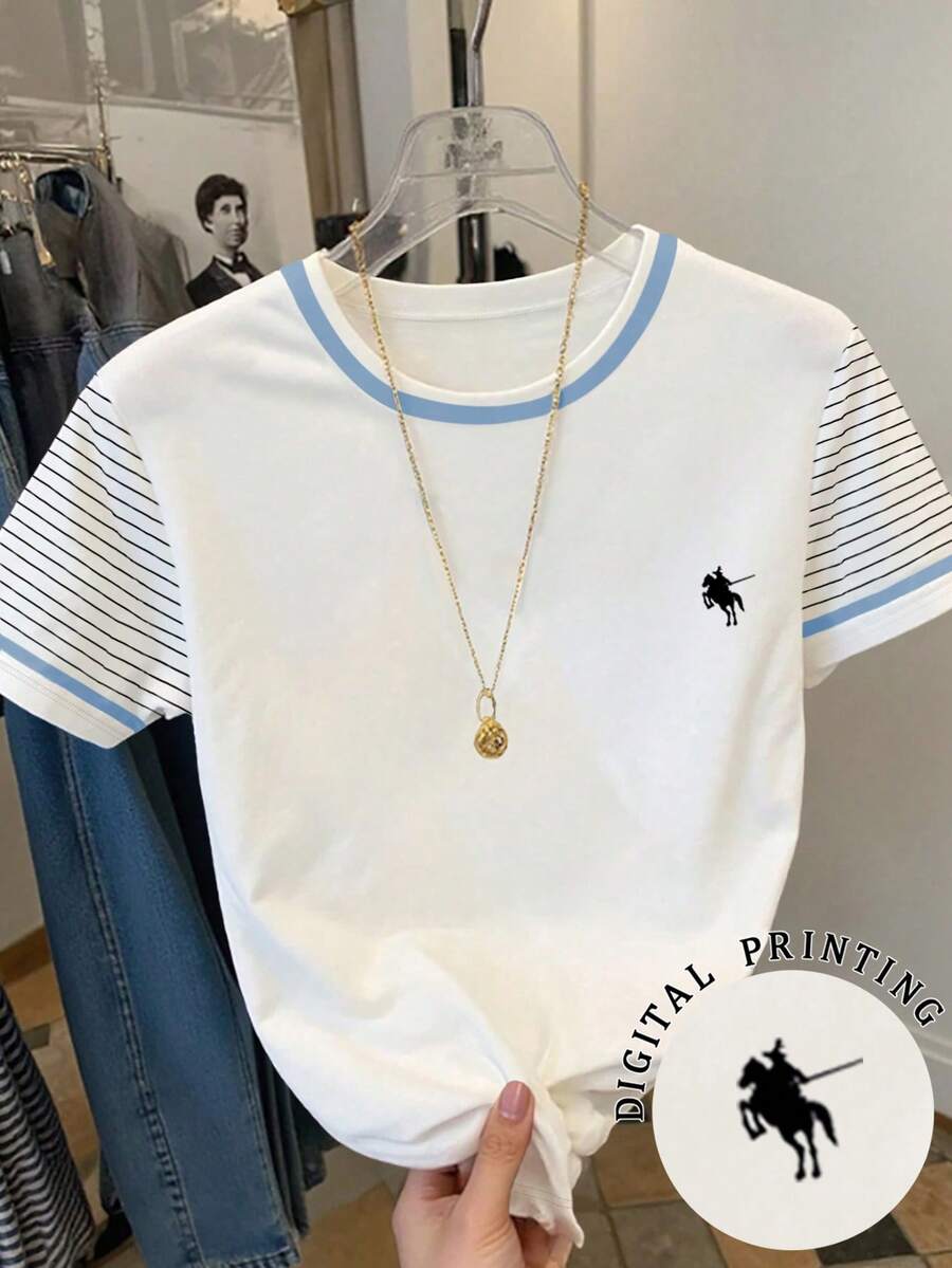 SHEIN Áo thun nữ tay ngắn cổ tròn, in họa tiết sọc, thêu họa tiết và viền tương phản. - trắng - Xem 1