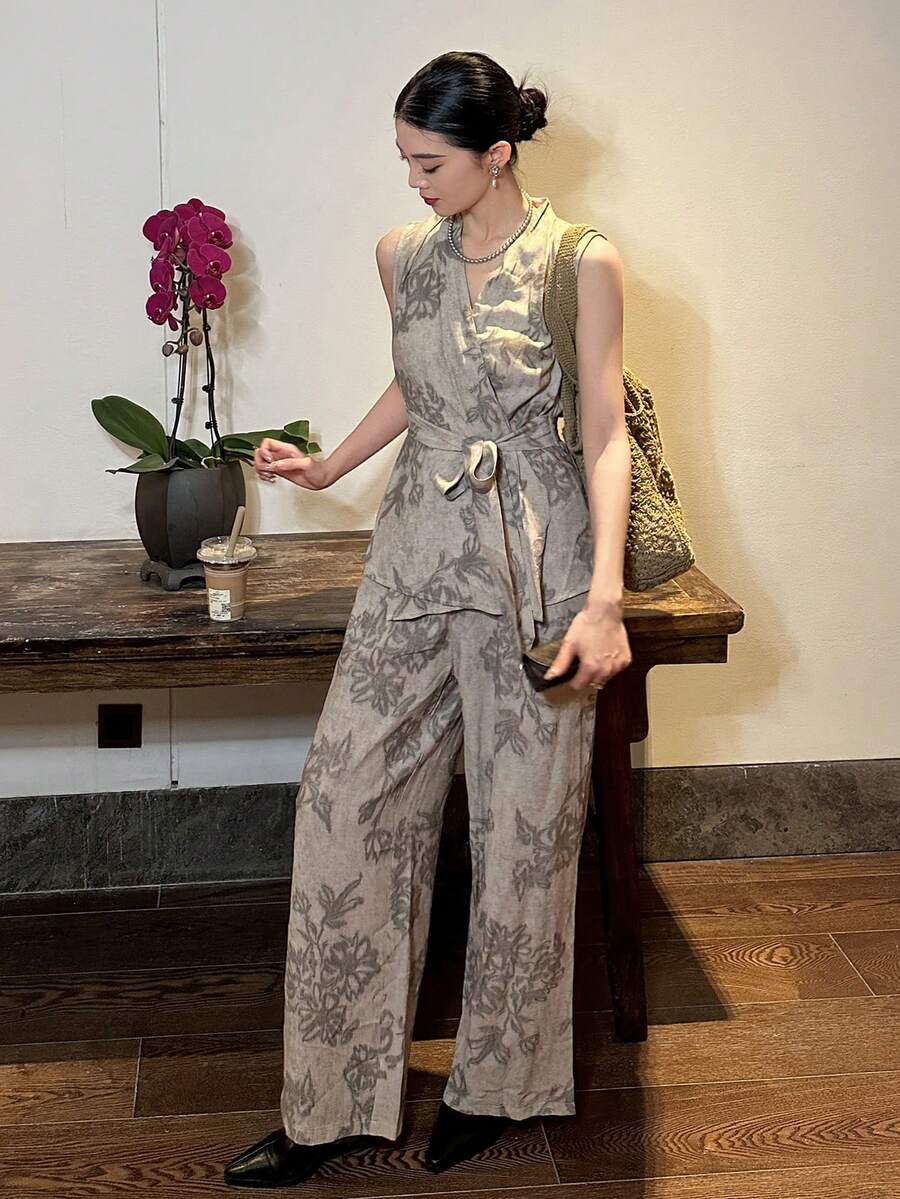 DAZY Women's Casual Floral Print Waist Belt Camisole And Wide Leg Pants 2 Pieces Set, Spring/Summer - Grey - View 1