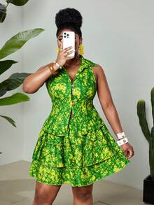 Maweii Conjunto de top corto sin mangas y minifalda elegante para mujer de talla grande, adecuado para fiestas y reuniones - Multicolor - Ver 2