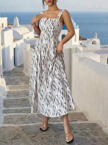 Elenzga Women's Asymmetrical Collar Waist Cinched Back Gathered Design Colorful Printed Fabric Loose Dress, Elegant Casual Vacation Vibe, Suitable For Carnival, Labor Day, Easter, Student, Campus, Beach Holiday, Travel, Garden, Summer New Fashion Essential - Multicolor - View 7