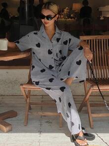 DAZY 两件套心形条纹图案短袖开衫上衣和直筒长裤女士夏季睡衣套装 - 黑色 - 查看 5