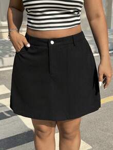 SHEIN EZwear 大尺碼休閒純色 A 字裙，夏季燈芯絨休閒裙，2000 年代風格黑色女裙 - 黑色 - 查看 3