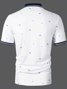 Manfinity Homme 男士白色印花翻領 Polo 衫，休閒夏季度假假日高爾夫 Polo 衫，趣味印花郵輪遊艇希臘海灘穿搭 - 白色 - 查看 2